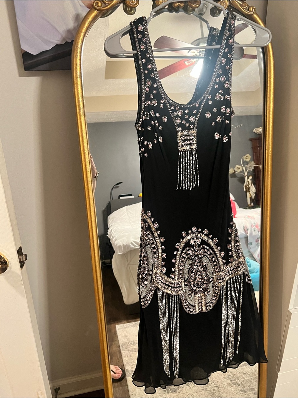 Sue Wong Black Beaded Fringe Evening Dress